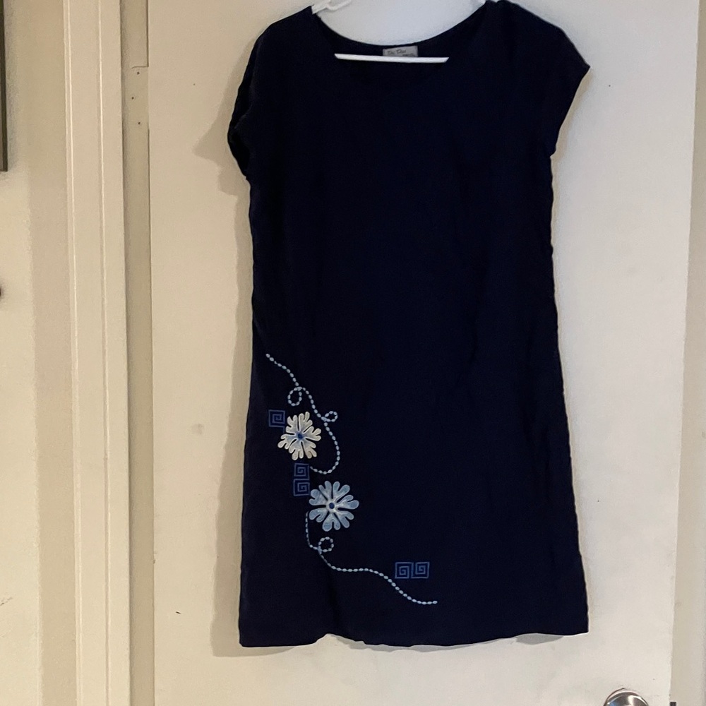 Navy Blue Dress with Floral Embroidery